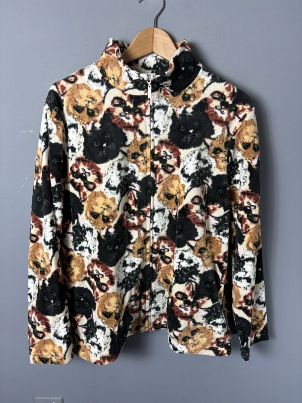 Vintage Y2K Bonnie Evans Womens L All-Over Cat Face Print Fleece Jacket
